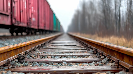 Obraz premium Railway tracks vanish into winter woods. Cargo train background. Transportation image