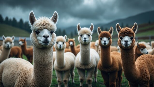 Large alpaca farm showcasing portraits of young alpacas.
