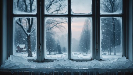 Naklejka premium frosted window with snowy landscape