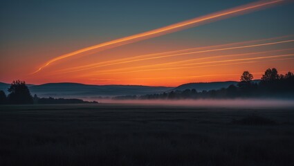 Obraz premium Vibrant twilight with contrails above a silhouetted landscape.