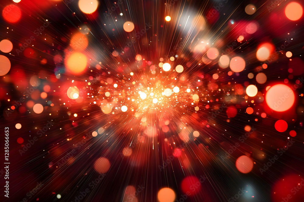 Poster abstract red and gold burst of light and energy with bokeh effect