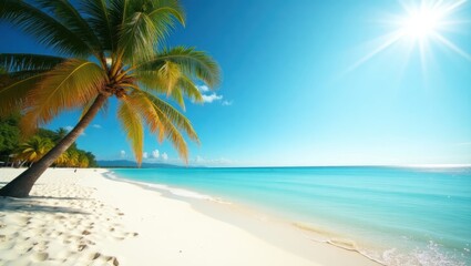 Fototapeta premium A stunning tropical beach with soft white sand, swaying palm trees, and a clear blue ocean under a bright sun.
