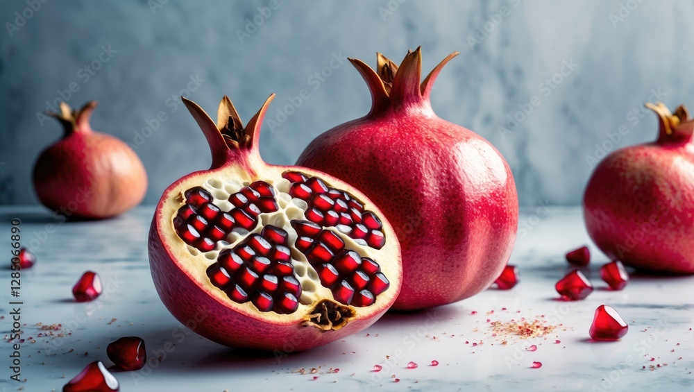 Poster pomegranate displayed on a white background featuring complete depth of field and a clipping path.