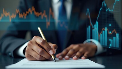 Professional African American woman in formal attire is signing a contract to invest in the stock market. Online trading and asset management. Financial hologram chart for forex.