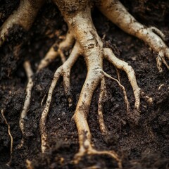 Fototapeta premium Close-Up Macro Shot of Young Tree Roots Intertwined in Soil