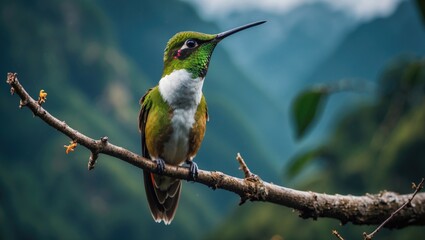 Fototapeta premium Majestic hummingbird, Patagona gigas, perched on a branch in its mountainous habitat, Antisana NP, Ecuador. Observing birds in South America. The largest species of hummingbird globally.