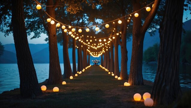 Tree-lined pathway adorned with illuminated bulbs at a nighttime gathering by Lake Sevan, Armenia