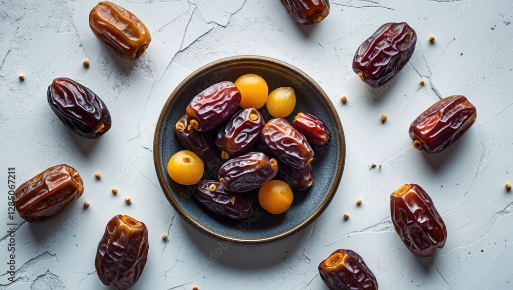 Poster aerial view of a plate with dried organic dates and assorted fruits on a light surface.
