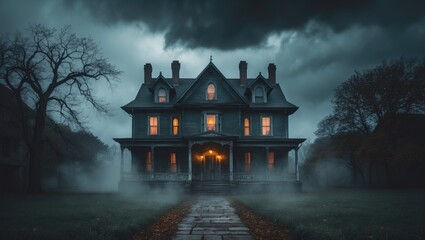 Obraz premium Employ digital painting techniques with blurring effects to produce an eerie house illustration surrounded by dark clouds.