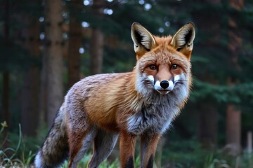 Fototapeta premium Focused Gaze in Forest, Elegant, Orange and Gray Fur, Bokeh Background, Wildlife, Close-Up