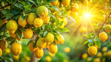 Sunlit Lemon Tree with Ripe Yellow Lemons and Vibrant Green Leaves - Golden Hour Close-Up