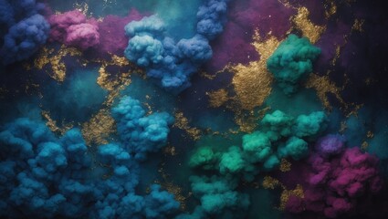 Fototapeta premium dark seamless design featuring golden alcohol ink with shades of blue, green, purple, pink, and burgundy. ideal for upscale wall murals, wallpaper, fabric printing, and packaging design. background...