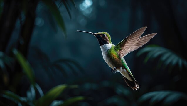 Bronze-tailed plumeleteer, Chalybura urochrysia, in flight within the shadows of the rainforest. Dark surroundings.