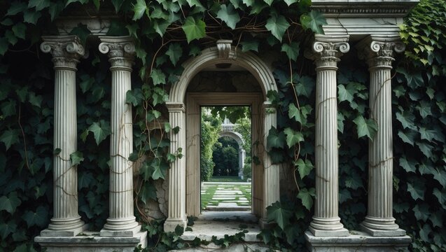 Ivy-covered ancient Roman archway vector collection. A frame featuring a stone column entwined with vine, leading to a white marble entrance. Imagery of a classic palace architecture with a traditi...