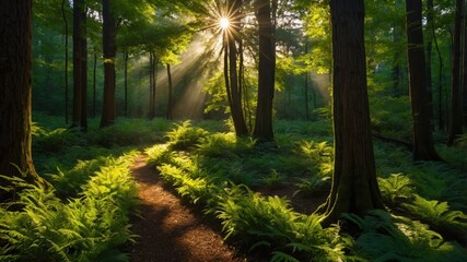 Obraz premium Sunlit Forest Path with Lush Green Ferns and Beaming Sun Rays Through Trees