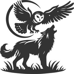 A wolf howling at an owl in flight animal vector silhouette