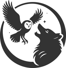 A wolf howling at an owl in flight animal vector silhouette