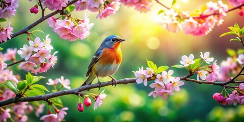 Fototapeta premium Bird perched on blooming branches surrounded by spring flowers in a lush green garden with vibrant colors and soft light filtering through the leaves, landscape, wildlife