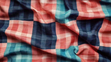 Textured Plaid Fabric: Coral, Teal, and Navy Blue Checkered Cloth