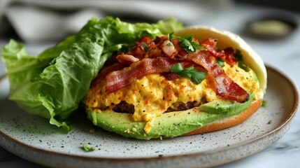 Artfully presented on a sleek plate, this keto burger boasts a rich, flavorful patty, creamy avocado, and crunchy bacon, wrapped in either a delicate lettuce cup or a warm, fluffy keto bun.