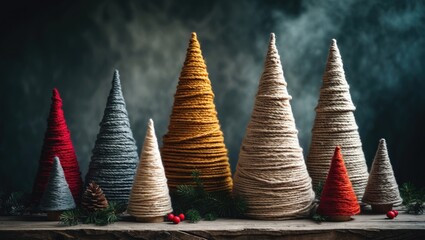 Scene featuring festive crafts with handmade, naturally colored yarn cone Christmas trees. DIY eco-friendly organic holiday ornaments.