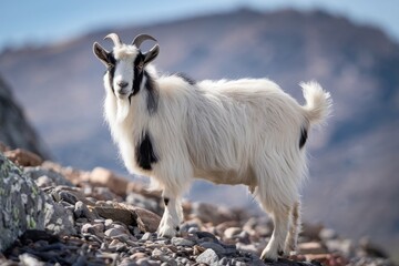 Obraz premium Majestic Black and White Goat Standing on Rocky Terrain with Mountain Backdrop, Natural Light, Outdoor Portrait, Full Body Shot