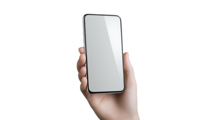 Hand holding smartphone with blank screen on transparent background
