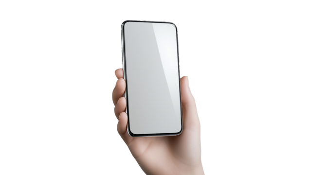 Hand holding smartphone with blank screen on transparent background