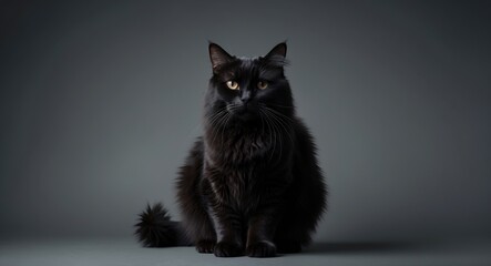 Obraz premium black feline sitting against a grey backdrop illuminated by studio lighting