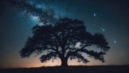 Naklejka premium silhouetted tree under a star-filled cosmic sky