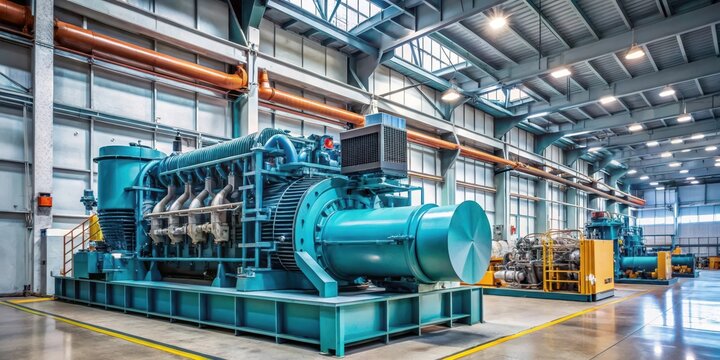 Large industrial generator in a factory with machinery and pipes, engines