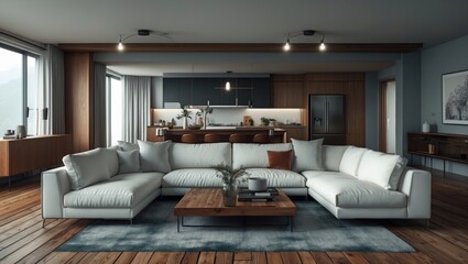 Modern living room featuring wooden floors, light-colored sofas, and a kitchen visible in the background.