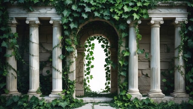 Ivy-covered Greek arch pillar vector collection. Ancient Roman architectural frame featuring a stone column adorned with vine. Lush green ivy surrounds a white marble gateway. Illustration of a cla...