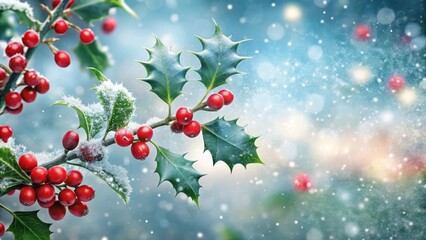 Fototapeta premium A frosty winter scene featuring a holly branch with bright red berries and delicate snowflakes gently falling around it , holiday, frozen