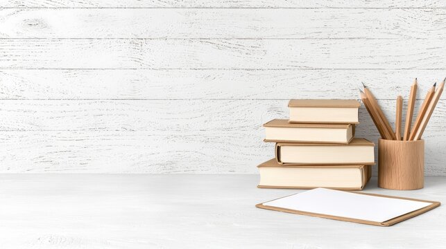 Books, notepad, and pencils on a white wooden table