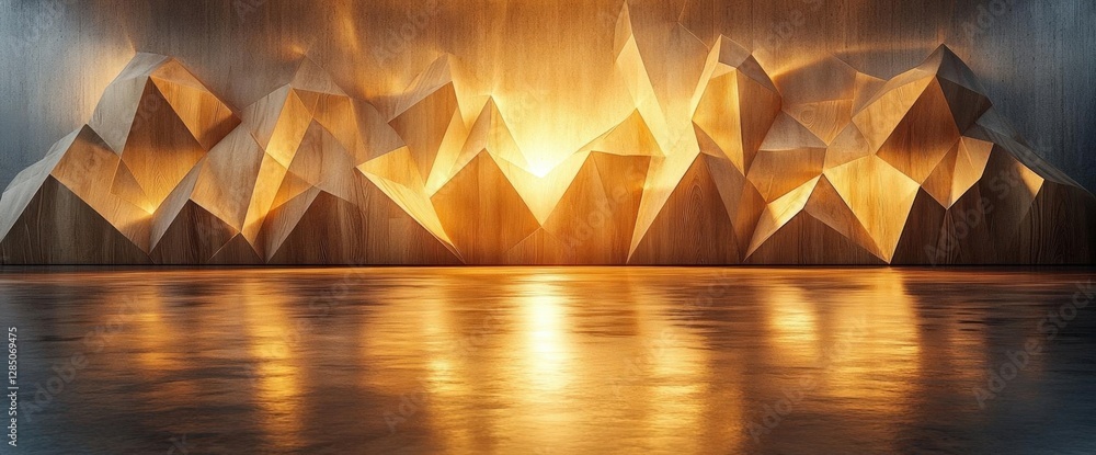 Poster abstract geometric golden triangles on textured wall with reflection artistic background