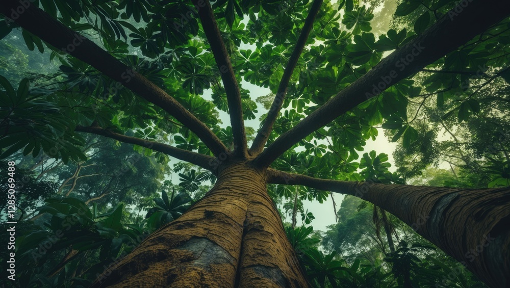 Poster view from below of a tree trunk reaching towards lush green leaves in a tropical forest. a vibrant a