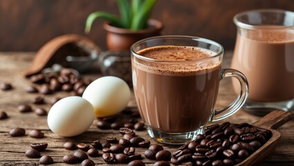 Fototapeta premium a mug of warm cocoa coffee paired with a boiled egg
