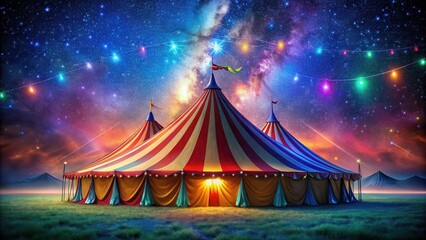 Vibrant colorful circus tent stands under starry night sky with twinkling lights and glittering stars reflecting off its canvas, vibrant, spectacle