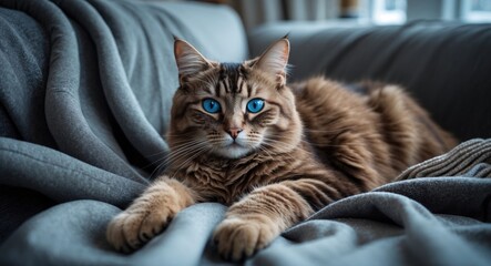 Adorable brown feline with striking blue eyes relaxing on a couch beneath a cozy grey blanket. Winter pet scene. Domestic animal.