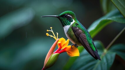Fototapeta premium A brilliant green-crowned hummingbird (Heliodoxa jacula) drinking nectar from a heliconia flower while perched in the Costa Rican rainforest.