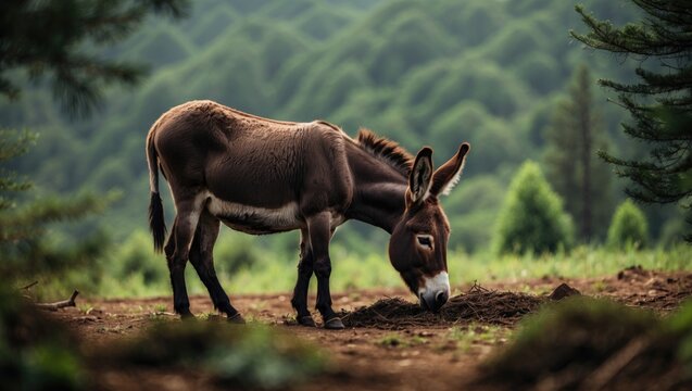 Donkey foraging amidst pine trees in Siguatepeque, Comayagua