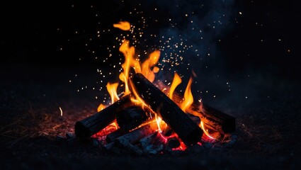stunning image capturing the texture of a nighttime campfire, with sparks dancing in the air against a dark backdrop