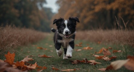 A young border collie puppy joyfully dashing through a grassy field scattered with autumn leaves, reveling in the beauty of nature.