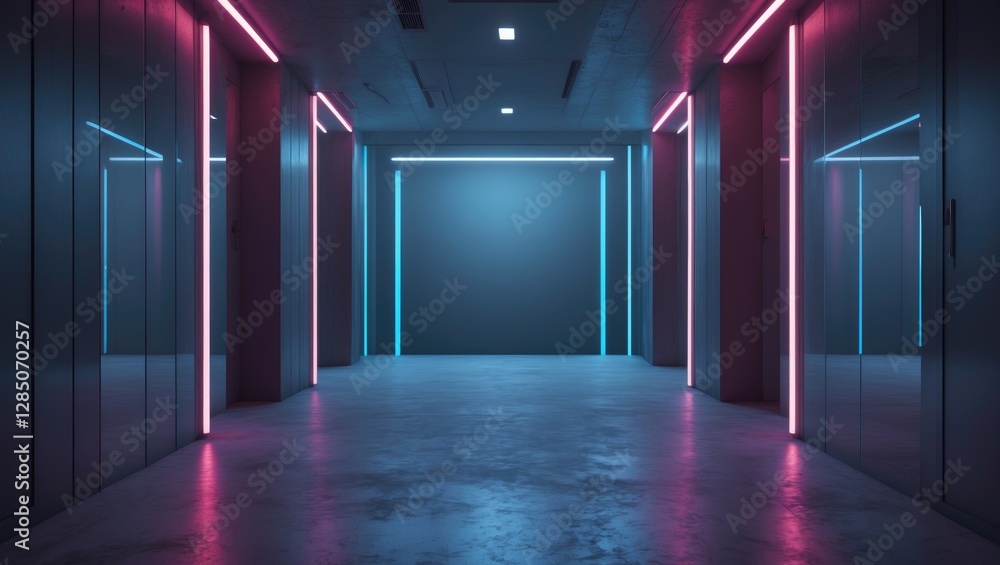 Poster neon sci-fi lighting illuminated a shadowy corridor, with reflections visible on the walls and floor