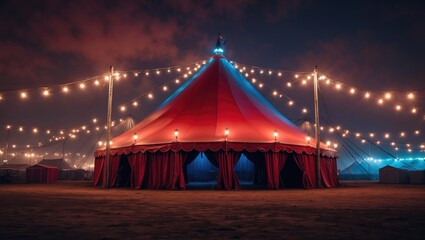 A Nighttime Image of a Red Circus Tent Brightly Lit Up