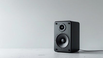 Minimalist black speaker against a plain white backdrop.