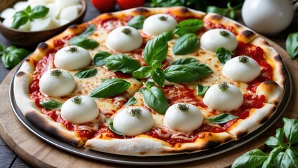 Fototapeta premium Homemade Italian Margherita pizza topped with mozzarella.