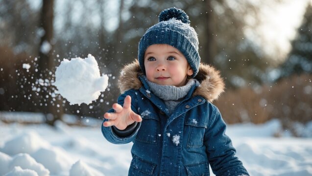 Charming young child preparing to throw a snowball.