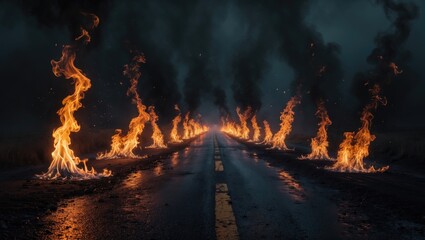 flames engulfing a wet, extended road set against an abstract dark backdrop